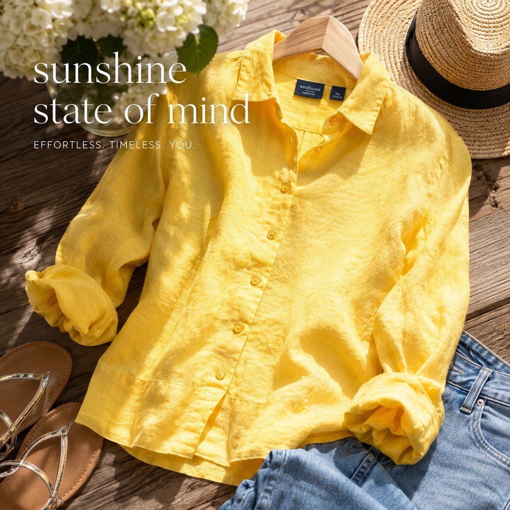 100% Linen Yellow Shirt Petite Elevated Essential Quiet Luxury Coastal Petite M
